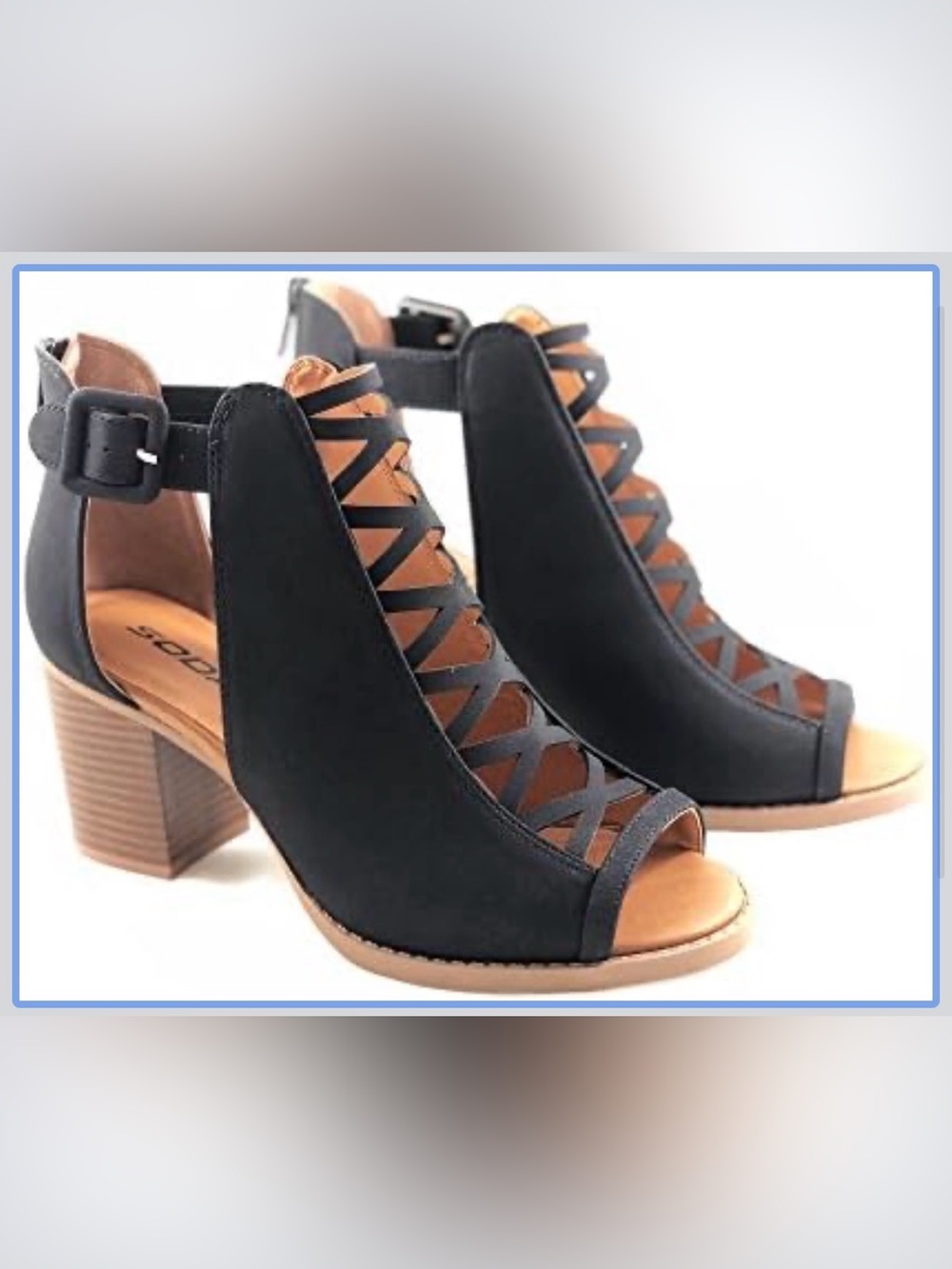 NWOB Womens Soda Strappy Arna Black Open Toe 3.5” Block Heeled Zip Up Sandal 8.5